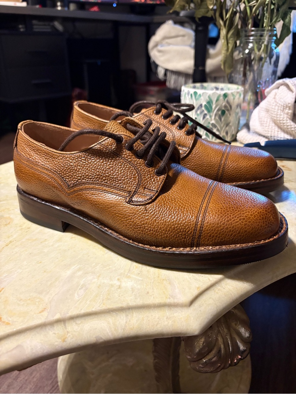 Cheaney’s Pebble Leather Oxford in Cognac Brown
